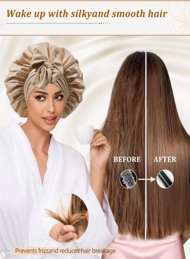 سي اتش ال اي انس اس قبعة نوم من الساتان للنساء، قبعة نوم حريرية للشعر المجعد، غطاء رأس برباط مطاطي، قبعة ليلية بلون الشمبانيا الفاتح - Image 5